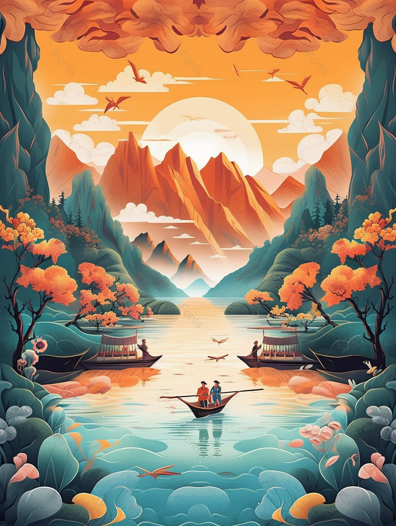 划船旅游景点中国风插画背景,插画/手绘图,插画/手绘图库,插画/手绘图下载,插画/手绘